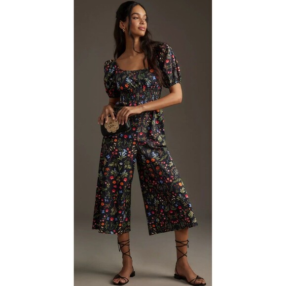 Anthropologie Jumpsuit‎ Hutch Poplin Forest Blue Botanical Floral Womens XSmall - Picture 1 of 15